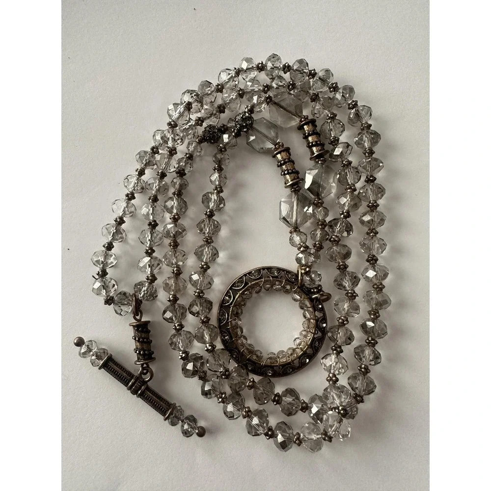 Gold Tone Clear SmokyCrystal Beaded Necklace Rhinestone Pendant Toggle Statement